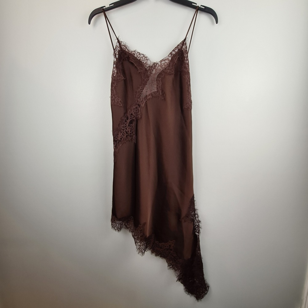 ZARA Brown Satin Lace Trim Asymmetrical Slip Dress XS Sleeveless V-Neck Mini